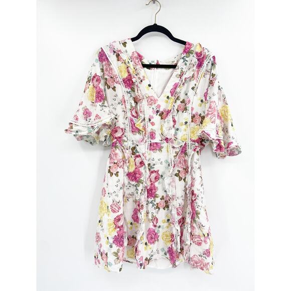 La Maison Talulah Tea Time Floral White Short Sleeve V-Neck Linen Mini Dress S - Picture 3 of 7
